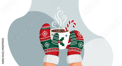 Cozy winter warmth: Holiday beverage held in mittens evoking festive comfort and cheer