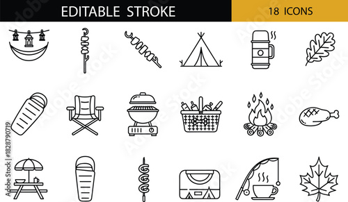 Camping and outdoor recreation outline icon set featuring gear, food, nature elements, and adventure essentials in clean editable stroke style