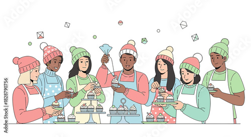 Diverse group enjoying decorating cupcakes at a baking class or friendly gathering activity