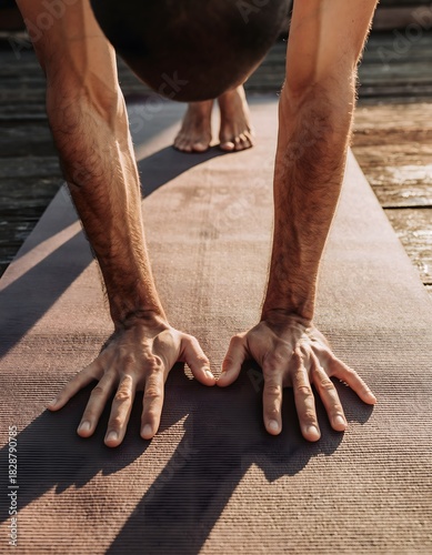 Determined yoga practitioner holding challenging plank pose high resolution photo