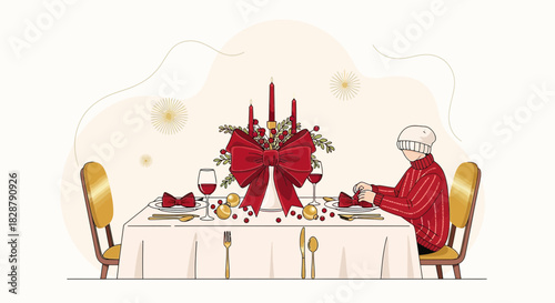 Elegant holiday dinner setting illustration with festive decorations and inviting atmosphere