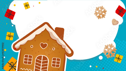 Christmas background with gingerbread house and gifts, copy space - banner, background, poster - vector illustration