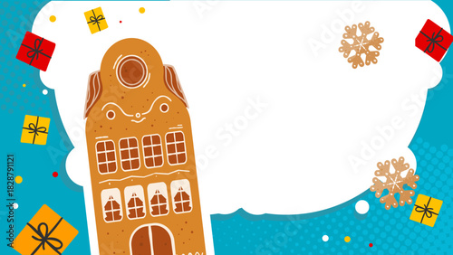 Christmas background with gingerbread house and gifts, copy space - banner, background, poster - vector illustration
