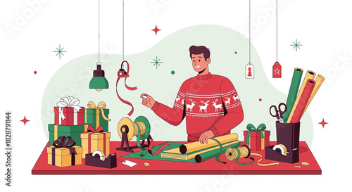 Enthusiastic man in festive sweater wraps gifts on a vibrant surface preparation for christmas