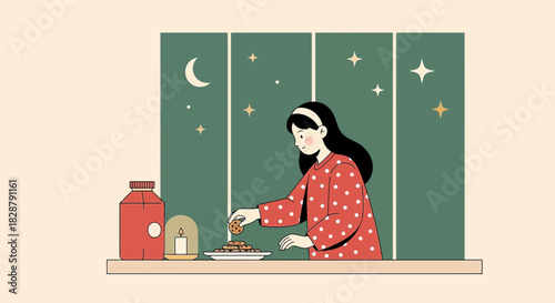 Evening snack delight, girl enjoying cookies and milk under a starry night sky serenity