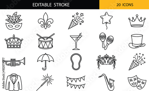 Festive celebration and party icon set with masquerade masks, crowns, instruments, drinks, and decorative symbols in clean editable stroke style.
