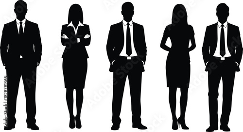 Business silhouettes, male and female, professional attire, corporate posture, black outline, workplace diversity, formal wear, standing figures