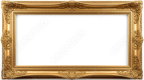 A horizontal rectangular gold picture frame features a classic ornate edge and an empty center with a pure white background, presented with clean lighting and no shadows.