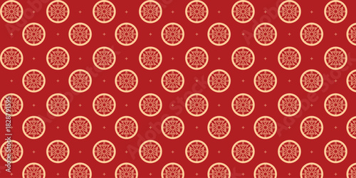 Seamless festive pattern with circular golden snowflake emblems and tiny star accents on a rich red background, perfect for Christmas wrapping paper, luxury packaging, greeting cards and elegant holid