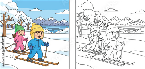 Kids Cross-Country Skiing in Winter Landscape – Cute Children Skiing Illustration with Snowy Mountains, Trees, and Coloring Page Version
