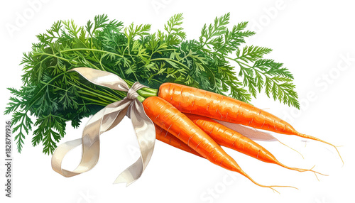 Fresh Carrots With Greenery and Ribbon on Transparent Background Watercolor Style Illustration for Healthy Eating and Vegetarian Recipes