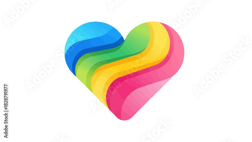 A vibrant, multi-colored heart with flowing rainbow stripes on a clean white background.