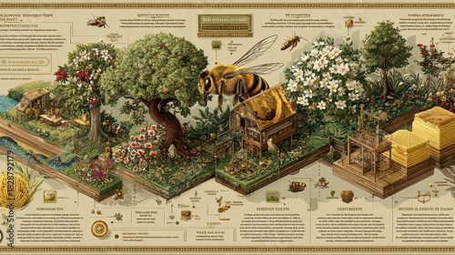 Detailed Illustration of Beekeeping Environment and Natural Elements