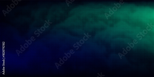 halftone with blue-green gradation, abstract background pattern, neon light reflecting walls and floors, dark colors, and feel the speed of digital technology connected with blue-green background.