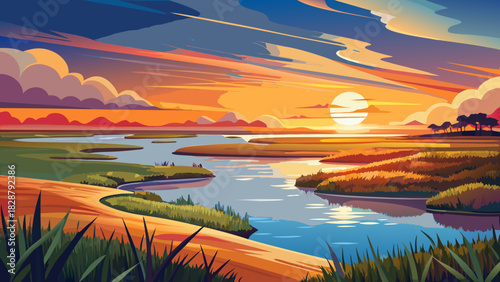 Very beautiful Huntington Beach State Park landscape at sunset, featuring wide salt marsh views, glowing horizon colors, tranquil reflective water, soft grasses, and a peaceful New England–style coast