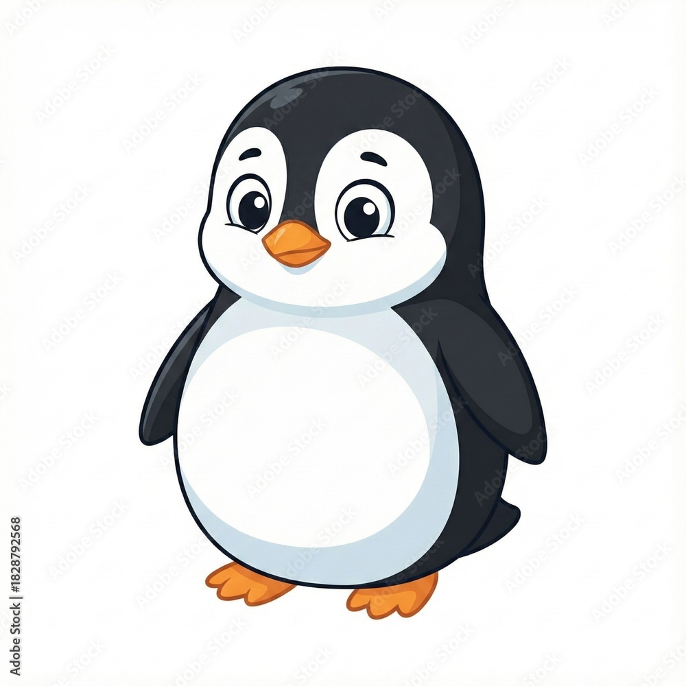 Obraz premium Small cute penguin standing, round belly, black and white coloring, child-friendly vector style, big expressive eyes, isolated on white background