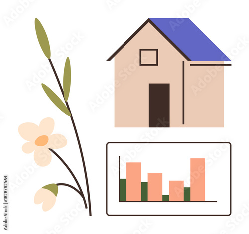House with blue roof, flowering plant, and simple bar chart combining growth, stability, design, nature, data, home and eco-friendliness. Ideal for environmental balance sustainable growth modern