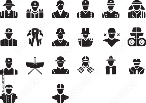 Set of black silhouettes different professions hats and clothes on transparent backdrop