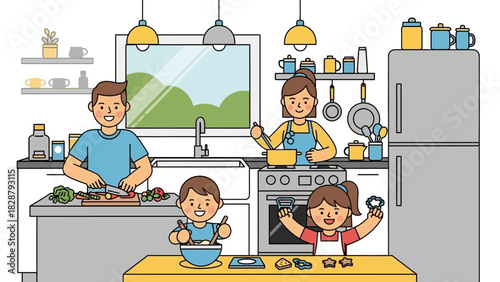Family cooking in kitchen father chopping mom stirring pot kids baking cookies warm lights appliances