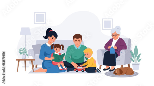 Family scene mother father children grandmother and dog in a cozy living room setting