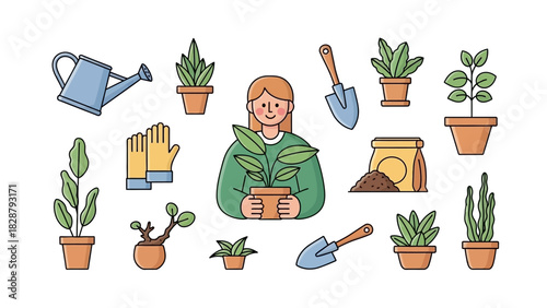 Gardening cartoon woman with plants tools and soil