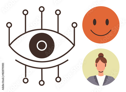 Abstract eye with connected digital nodes, orange smiling face, and female avatar profile. Ideal for technology, AI, networking, communication, social media recognition biometric. Simple flat