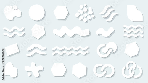Multiple white abstract shapes with drop shadows are arranged on a pale bluegray background