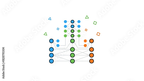Neural network diagram showing layers of interconnected nodes in blue green and orange with surrounding shapes