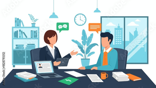 Office scene with 2 seated figures indoor plants desk with documents  building view in background