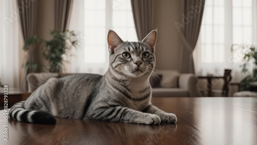 Wallpaper Mural Elegant tabby cat relaxing on a polished wooden table at home. Torontodigital.ca