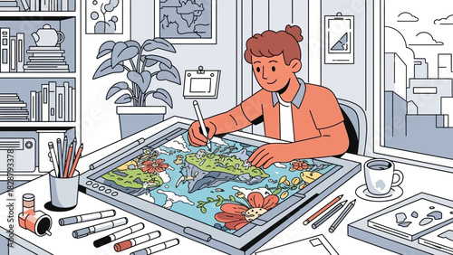 Person drawing landscape on tablet desk with books plant markers cup  cityscape through window