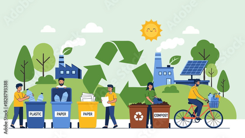 Recycling illustration with people sorting waste near factories and greenery
