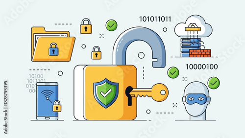 Security graphic shows a phone files cloud padlocks and hacker head in a secure setting