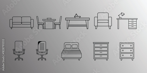 Elegant Furniture Collection: A comprehensive collection of meticulously designed furniture icons, showcasing a range of essential pieces for modern living spaces.