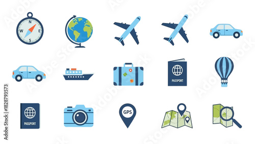 Travel icons compass globe planes cars ship suitcase passports balloon camera GPS map magnifying glass