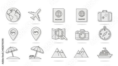 Travelthemed icons They depict globe plane passports luggage GPS map camera compass beach mountain and cruise ship