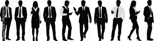 Business silhouettes, professionals with devices, modern corporate attire, technology use, office culture, black outline, formal wear, communication, teamwork