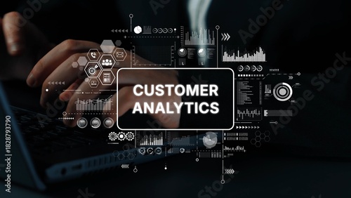 Business Professional Analyzing Data with Visualizations and Digital Graphics for Customer Analytics Insights. Asymptotic smart data analytic.