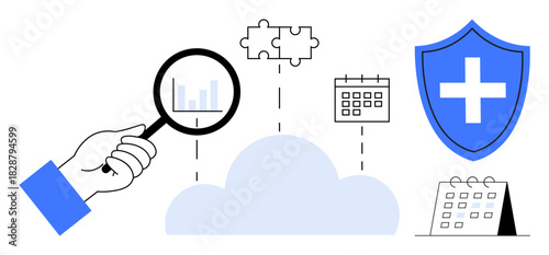 Hand holding magnifying glass analyzing data above cloud with puzzle piece, calendar, and security shield. Ideal for data analysis, security, connectivity, cloud technology, healthcare, organization