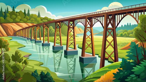 Very beautiful railroad trestle spanning the calm Catawba River near Rock Hill, South Carolina, captured in a clean, scenic landscape style. The sturdy metal bridge reflects softly in the water, surro