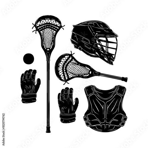 Collection of lacrosse equipment silhouette vector. Lacrosse elements vector isolated on white background.
