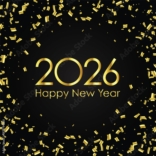 Happy new year 2026 greeting card poster black backgroundconfetti