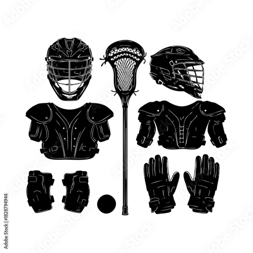 Collection of lacrosse equipment silhouette vector. Lacrosse elements vector isolated on white background.