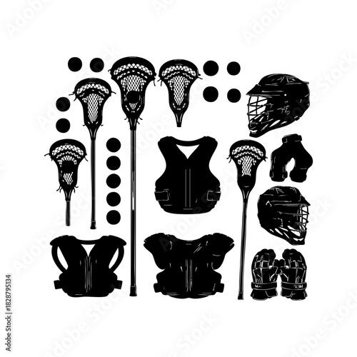Collection of lacrosse equipment silhouette vector. Lacrosse elements vector isolated on white background.