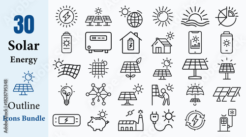 30 Solar Energy Outline Icons Vector Bundle Set Panel Sun Renewable Power
