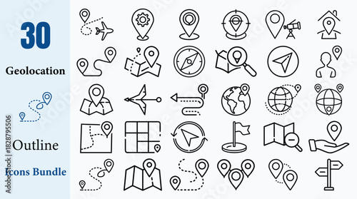 30 Geolocation Outline Icons Vector Bundle Set GPS Map Pin Navigation Travel