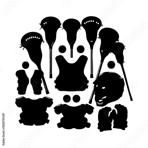 Collection of lacrosse equipment silhouette vector. Lacrosse elements vector isolated on white background.