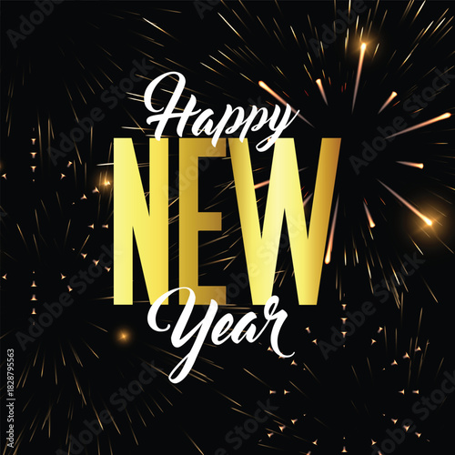 Black happy new year background with a gold border and a picture of a firework