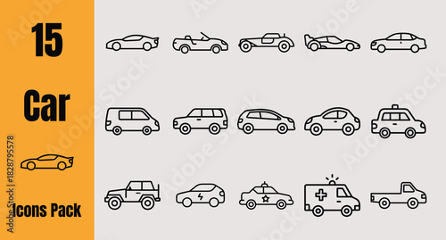 15 Car Outline Icons Vector Pack Sedan SUV Taxi Ambulance Vehicle Set