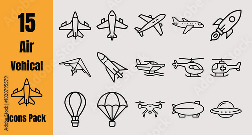 15 Air Vehicle Outline Icons Vector Pack Plane Helicopter Drone Rocket UFO